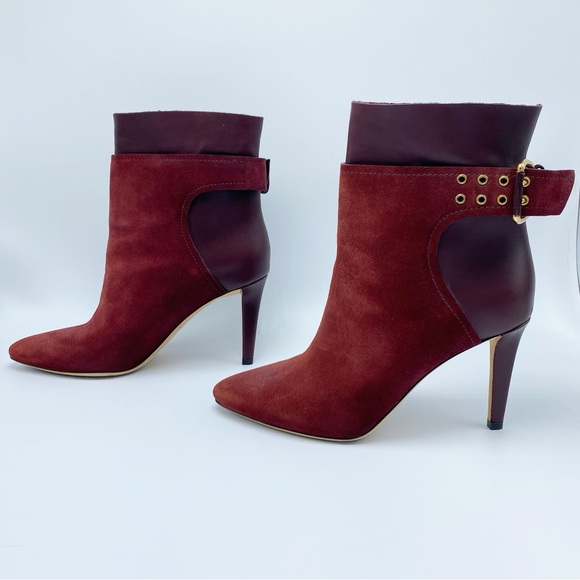 Jimmy Choo size 6.5 /36.5 Maroon Burgundy Ankle Booties Boots with Gold Hardware - Picture 2 of 11